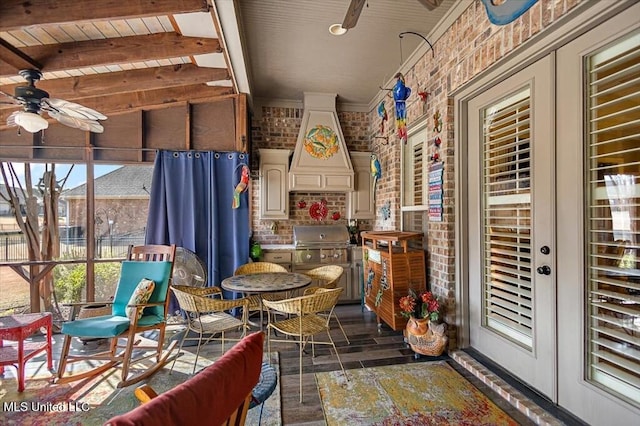 interior space featuring a ceiling fan, beamed ceiling, and french doors