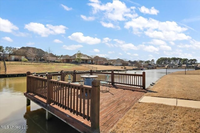 dock area with a deck with water view and a residential view