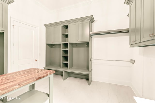 mudroom featuring crown molding