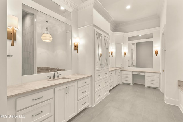 bathroom featuring vanity, crown molding, tile patterned floors, and walk in shower