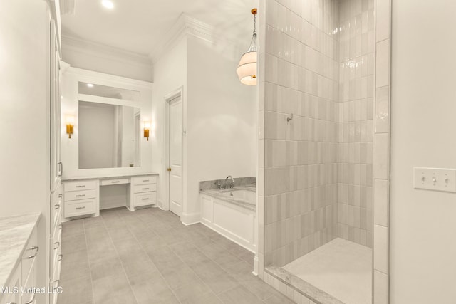 bathroom with vanity, ornamental molding, and shower with separate bathtub