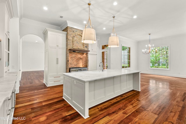 kitchen with a large island, crown molding, white cabinetry, and dark hardwood / wood-style floors