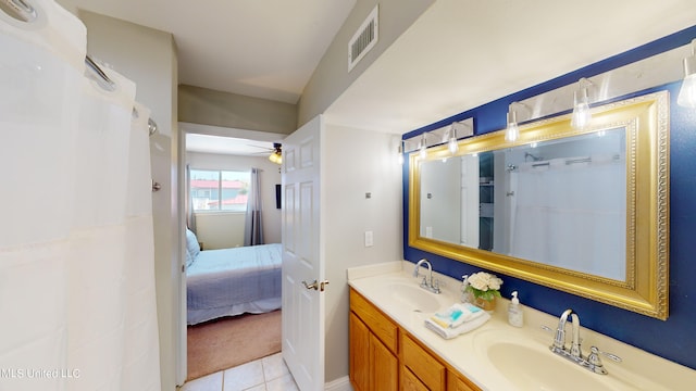 bathroom with vanity, tile patterned floors, and ceiling fan