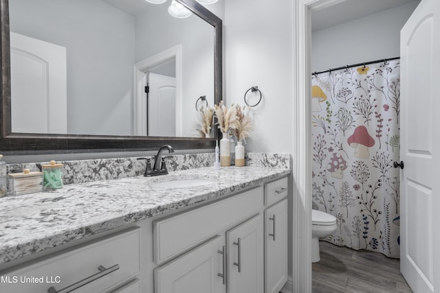 bathroom featuring a shower with curtain, toilet, wood finished floors, and vanity