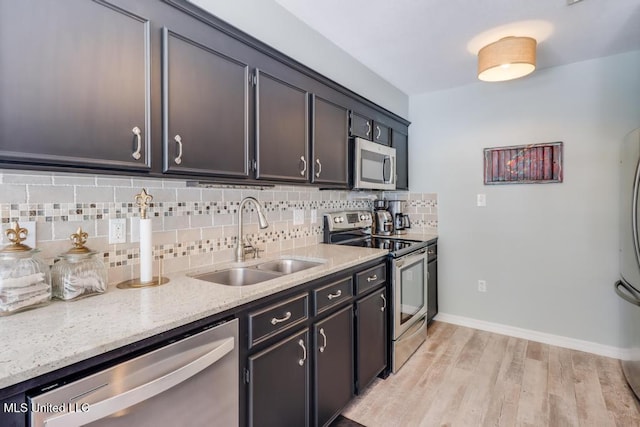 kitchen featuring stainless steel appliances, a sink, light wood-style floors, backsplash, and light stone countertops