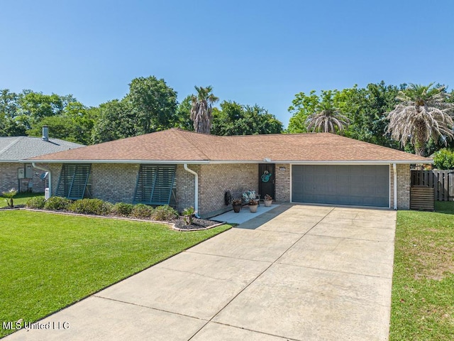 ranch-style house featuring a garage, concrete driveway, brick siding, and a shingled roof