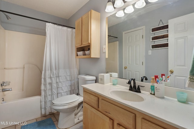 bathroom featuring toilet, shower / bathtub combination with curtain, tile patterned flooring, and vanity