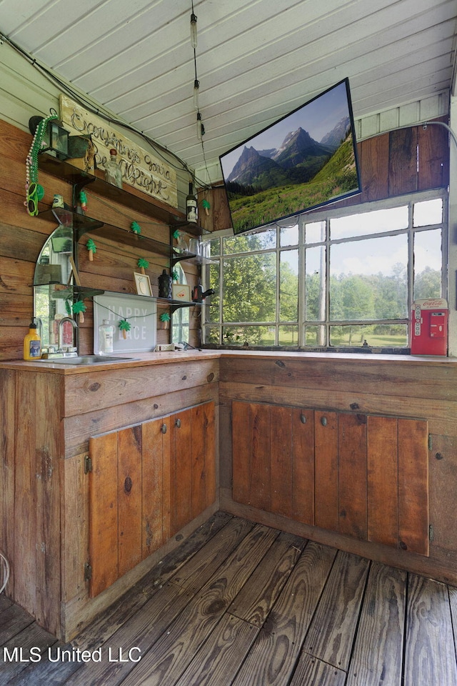 bar featuring a sink, wooden walls, and wood finished floors