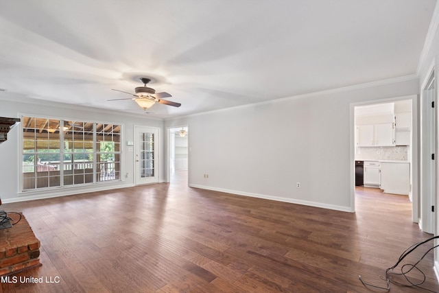 unfurnished living room featuring hardwood / wood-style floors, crown molding, and ceiling fan