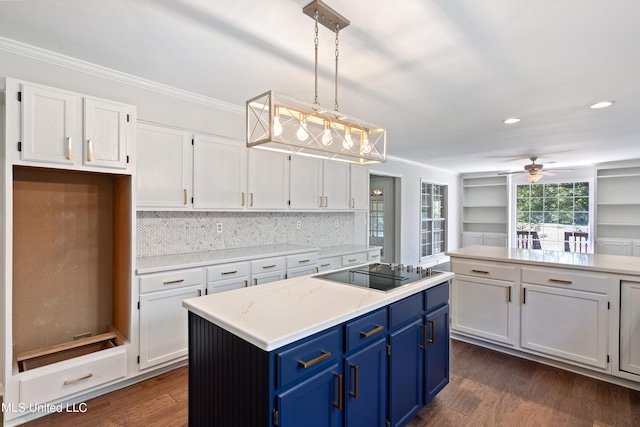 kitchen with black electric cooktop, dark wood-type flooring, hanging light fixtures, a center island, and white cabinets