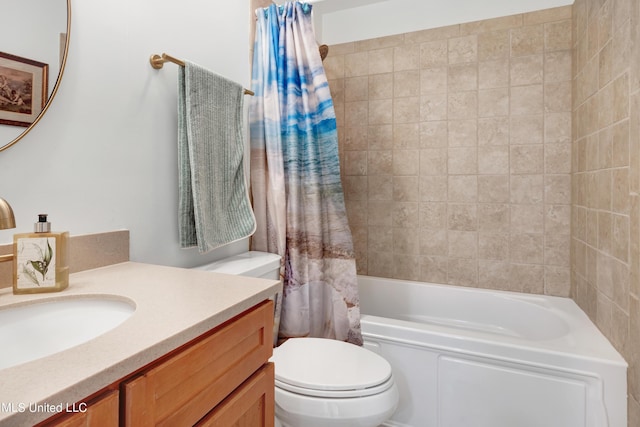 bathroom featuring toilet, vanity, and shower / tub combo with curtain