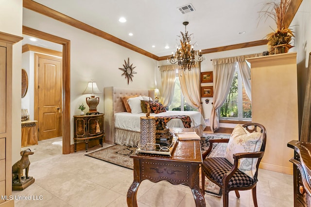 tiled bedroom with crown molding and a notable chandelier