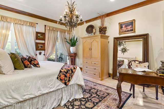 tiled bedroom with multiple windows, a chandelier, and access to exterior