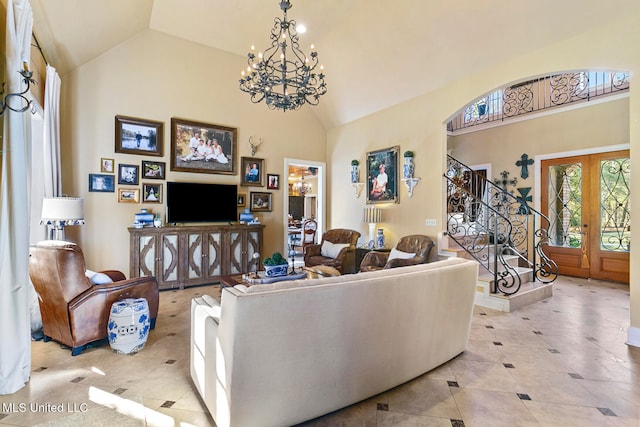 living room featuring french doors, an inviting chandelier, high vaulted ceiling, and light tile patterned flooring