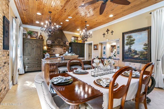 dining room with ceiling fan with notable chandelier, wooden ceiling, and light tile patterned floors