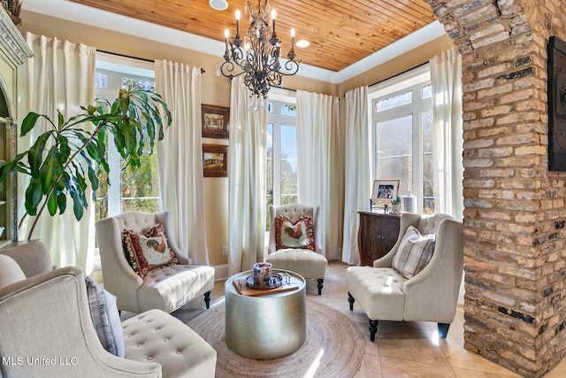 living area featuring light tile patterned floors, an inviting chandelier, a wealth of natural light, and wooden ceiling