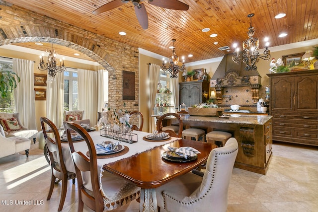 tiled dining room with ceiling fan and wood ceiling