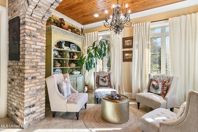 living area with light tile patterned flooring, wood ceiling, and a chandelier