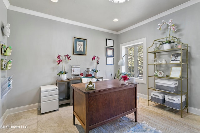 home office featuring ornamental molding and light tile patterned floors