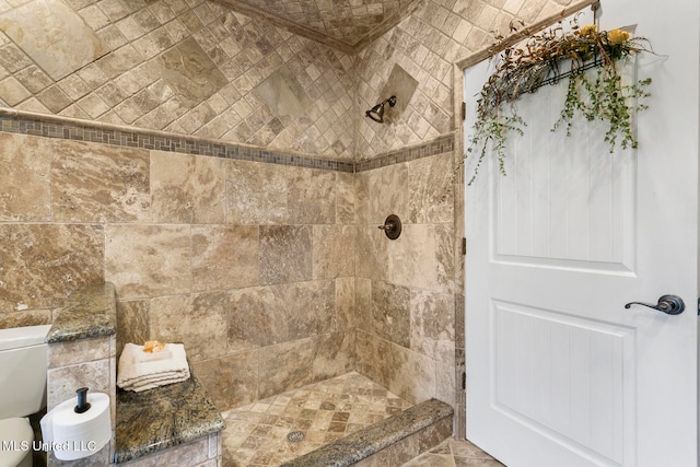 bathroom featuring toilet, tiled shower, and tile walls