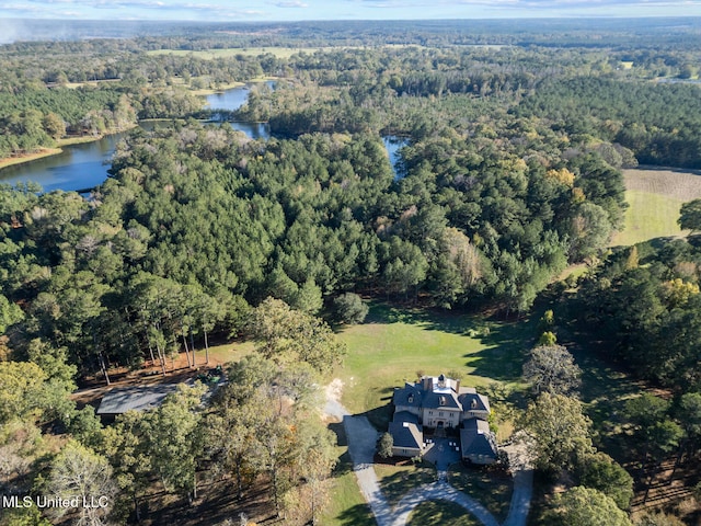 aerial view featuring a water view