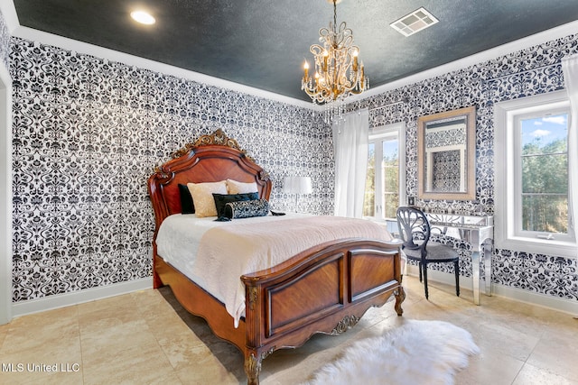 bedroom with multiple windows, ornamental molding, and a notable chandelier