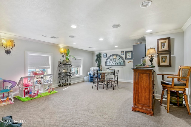 playroom with crown molding, carpet, and a textured ceiling