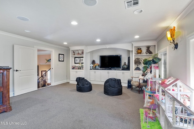 game room featuring carpet and ornamental molding