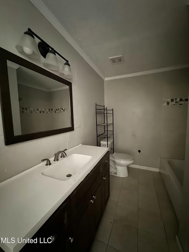 full bathroom with tile patterned flooring, visible vents, crown molding, toilet, and vanity