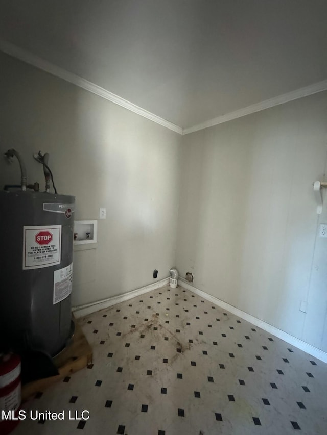 clothes washing area with water heater, laundry area, baseboards, and ornamental molding