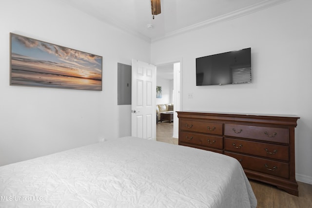 bedroom with ceiling fan and ornamental molding