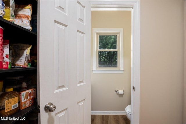 bathroom with baseboards, toilet, and wood finished floors