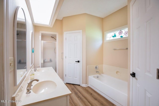 bathroom with double vanity, a bath, wood finished floors, and a sink