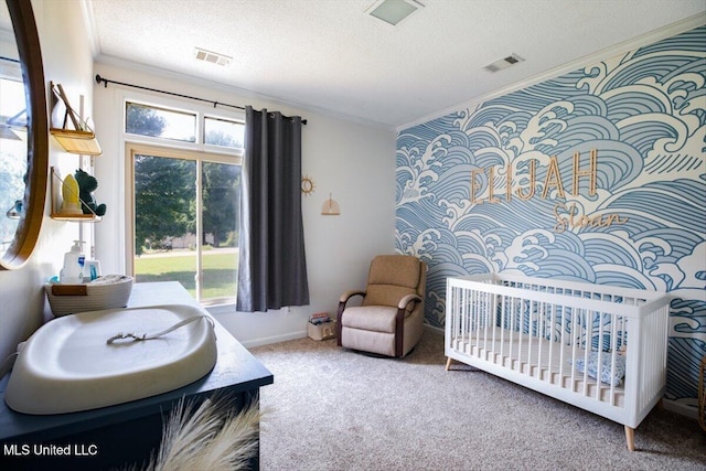 carpeted bedroom with crown molding, multiple windows, visible vents, and a textured ceiling