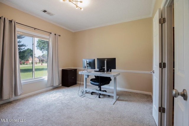 office area featuring ornamental molding, baseboards, visible vents, and light carpet