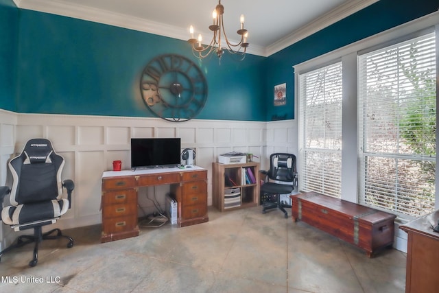 office area with concrete flooring, crown molding, and a chandelier