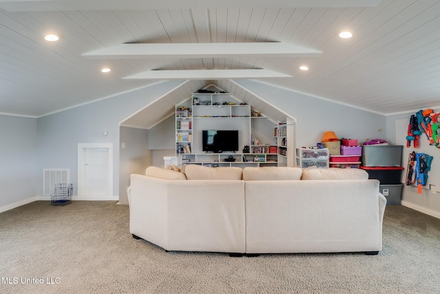 living room with ornamental molding, lofted ceiling with beams, wooden ceiling, and carpet