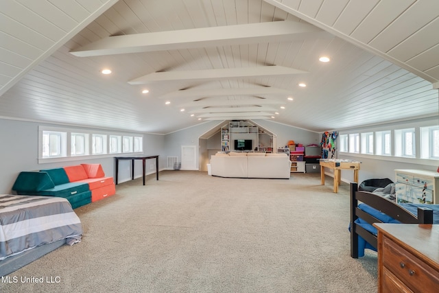 bedroom featuring vaulted ceiling with beams and carpet flooring