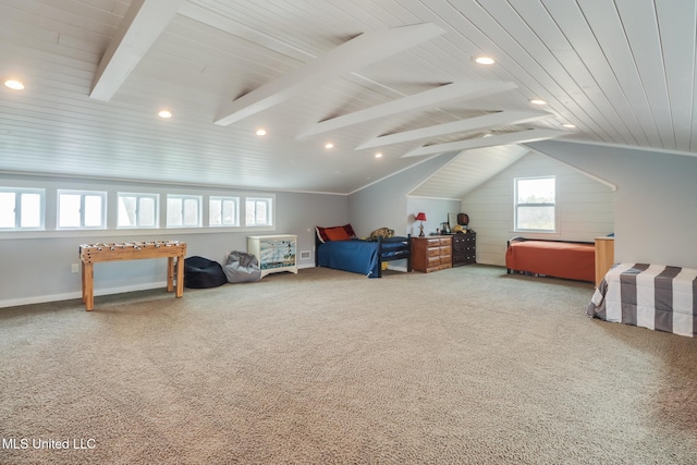 carpeted bedroom featuring vaulted ceiling with beams and wooden ceiling