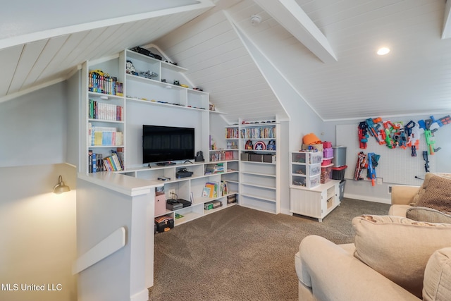 living room with lofted ceiling and carpet flooring