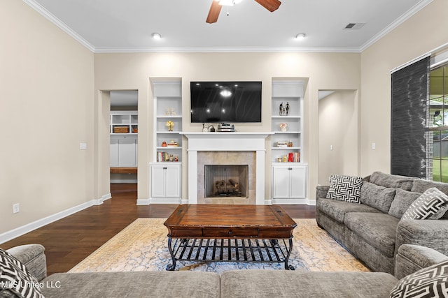 5110 Kensington Creek Dr, Southaven, MS 38672 - living area with a ceiling fan, ornamental molding, wood finished floors, a fireplace, and built in features