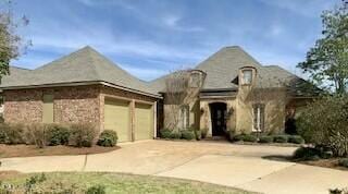 french country inspired facade with driveway, a garage, and brick siding