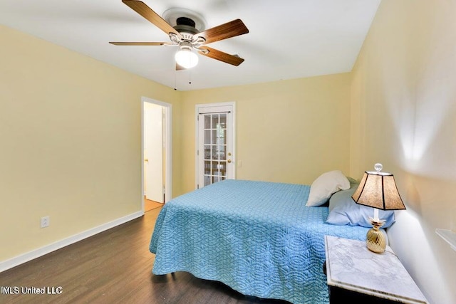 bedroom with hardwood / wood-style floors and ceiling fan