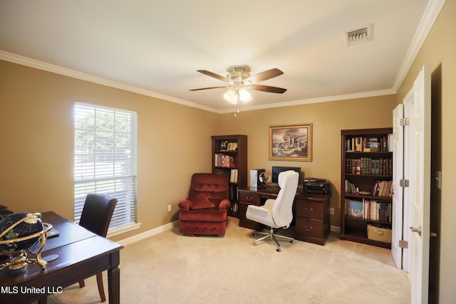 13342 E Carriage Cir, Gulfport, MS 39503 - office area with a ceiling fan, ornamental molding, carpet, and baseboards