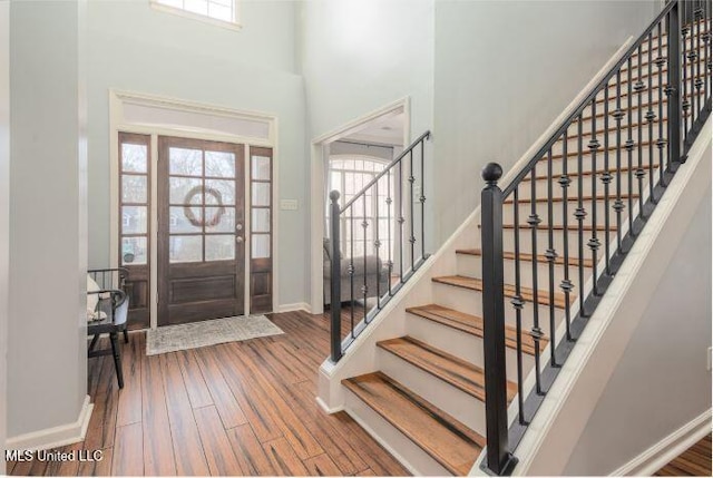 foyer with a towering ceiling and hardwood / wood-style floors