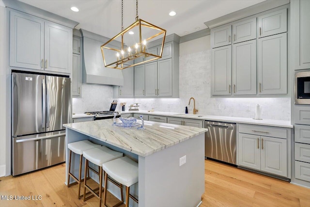 122 Seymour Dr, Madison, MS 39110 - kitchen with stainless steel appliances, a sink, gray cabinetry, a chandelier, and wall chimney range hood