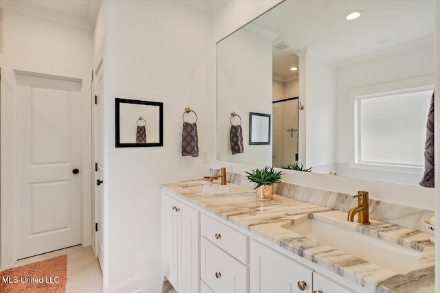 122 Seymour Dr, Madison, MS 39110 - bathroom with a stall shower, double vanity, recessed lighting, and tile patterned floors