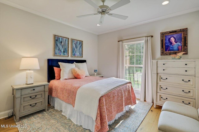 122 Seymour Dr, Madison, MS 39110 - bedroom featuring light wood-type flooring, recessed lighting, ornamental molding, and ceiling fan