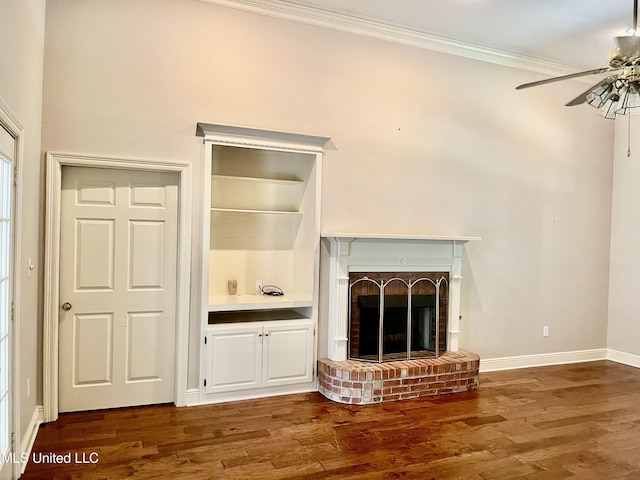3057 Windwood Cir, Flowood, MS 39232 - unfurnished living room with a fireplace, a ceiling fan, ornamental molding, dark wood-style floors, and baseboards