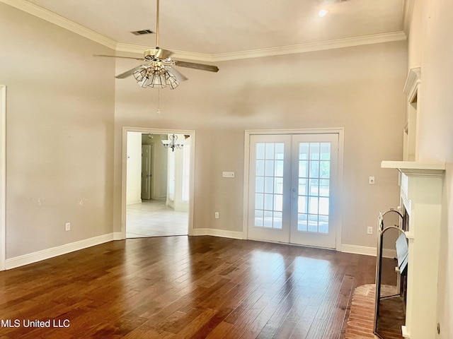3057 Windwood Cir, Flowood, MS 39232 - unfurnished living room with a ceiling fan, dark wood finished floors, ornamental molding, french doors, and baseboards